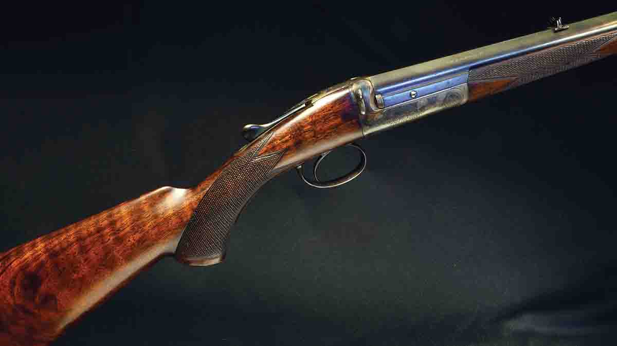 The Harkom is all original, even retaining most of its case colors. It is typical of a “best” rook rifle from the late 1800s.